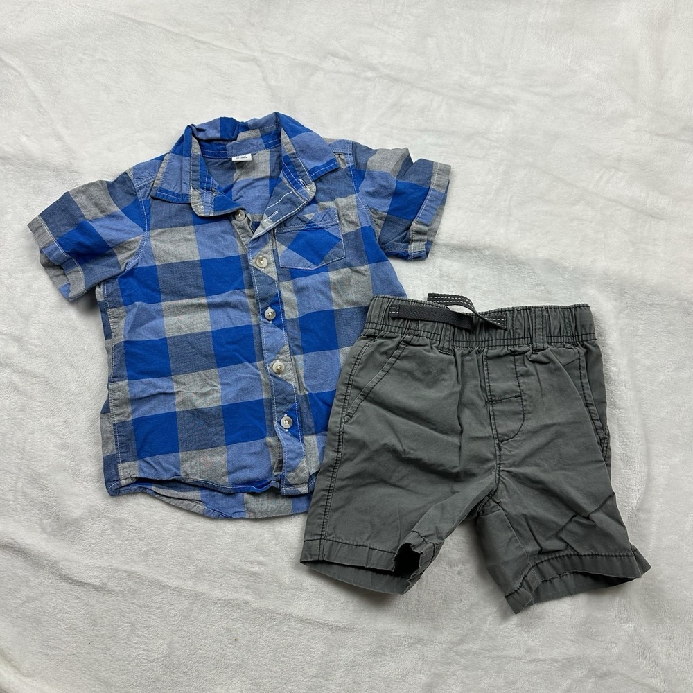 Old Navy Carter's Outfit Set Boy's 3T Blue Gray 2 Piece Button Up Shirt Shorts